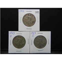 1943 P, D & S Walking Liberty Half Dollars