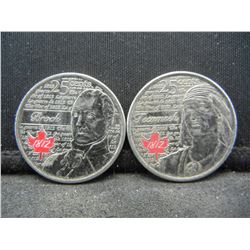 (2) 2012 Quarter from Canada "War of 1812 One Featuring Brock & One Featuring Tecumseh"