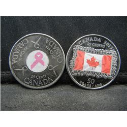 2006 Quarter from Canada "Pink Ribbon for Breast Cancer Awareness" & 2015 Quarter from Canada "Canad