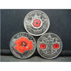 3 Different Collectible Colorized Quarter from Canada Featuring the Poppy
