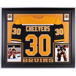 Gerry Cheevers Signed Boston Bruins 35x43 Custom Framed Jersey Inscribed "HOF 85" (JSA COA)