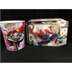 SPIDER-MAN WALL CRAWL RACE GAME/ SUPERMAN TRASH CAN