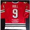 Image 1 : BOBBY HULL SIGNED BLACK HAWKS STATS JERSEY INSCRIBED "THE GOLDEN JET" (JSA COA)