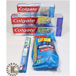 LOT OF TOOTHPASTE, TOOTHBRUSH AND GILLETTE.