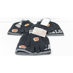 3 NEW CALGARY FLAMES TOQUE AND MITTS SETS.