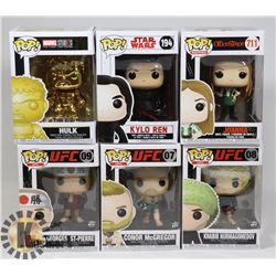 LOT OF 6 ASSORTED FUNKO POP VINYL FIGURES.