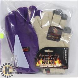2 PAIRS OF HEAT WAVES ADULT GLOVES.