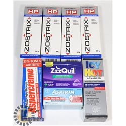 LOT OF ASPRIN NYQUIL, AND ZOSTRIX.
