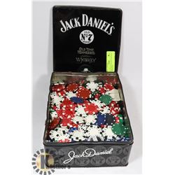 JACK DANIELS TIN WITH ASSORTED CHIPS & DICE.
