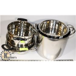 LOT OF STAINLESS STEEL POTS, BOWL & STRAINER