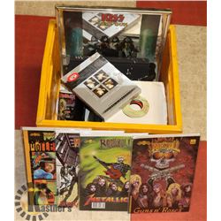 BOX OF MUSIC ITEMS & 45 SPEED RECORDS.