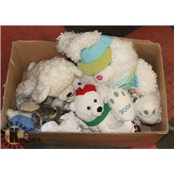 BOX OF ASSORTED TEDDY BEARS ON STANDS.