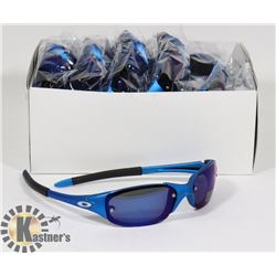 BOX OF METALLIC BLUE OAKLEY STYLE SUNGLASSES