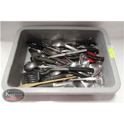 BUS PAN W/ ASSORTED S/S KITCHEN UTENSILS