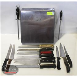 KNIFE RACK WITH 12 KNIVES AND SHARPENERS