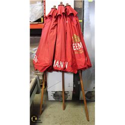 3 SLEEMANS PATIO UMBRELLAS, RED.