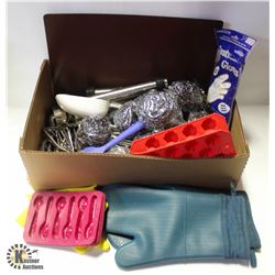 BOX OF ASSORTED KITCHEN UTENSILS INCL: PEELERS,