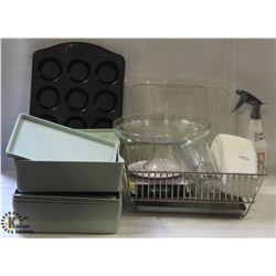 BOX OF BLUE IKEA STORAGE BINS, DISH DRYING RACK,