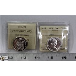 LOT OF 2 CANADIAN 50 CENT SILVER COINS 1965-PL66,