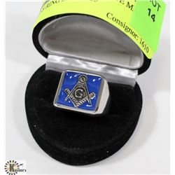 SILVER TONED & BLUE MASONIC MENS RING SIZE 9.25