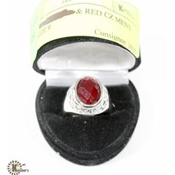 SILVER TONED & RED CZ MENS RING SIZE 9.