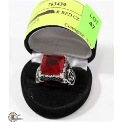 SILVER TONED & RED CZ MENS RING SIZE 9.