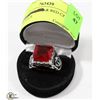 Image 1 : SILVER TONED & RED CZ MENS RING SIZE 9.