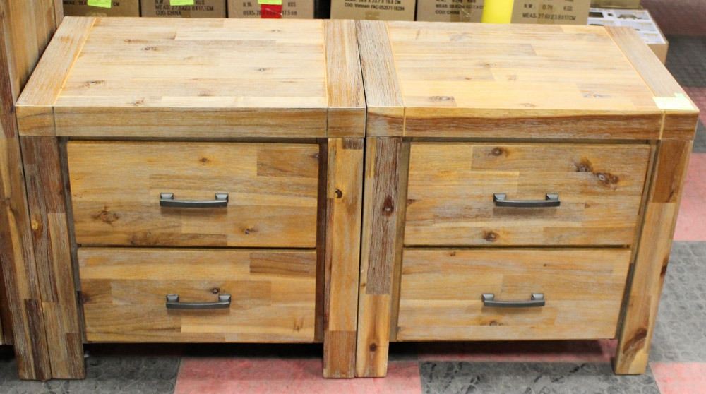 PAIR OF RUSTIC WOOD AND METAL END TABLES
