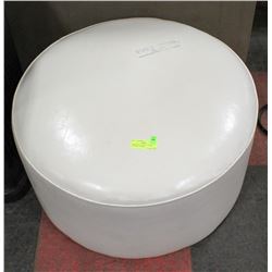 OFF WHITE LEATHER OTTOMAN WITH BLUE STAMPS,