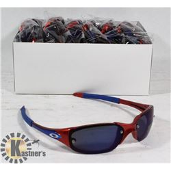 BOX OF RED AND BLUE OAKLEY STYLED SUNGLASSES