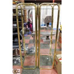 2 BRASS TONE SHELVES WITH GLASS INSERTS - 4 GLASS