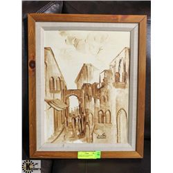 FRAMED OIL ON HARDBOARD EASTERN CITY SCAPE