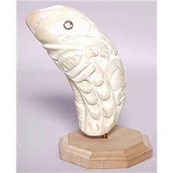 Northwest Coast Finely Carved Whale Tooth with Shamanic Design and Abalone Inlay, Monogram and Label