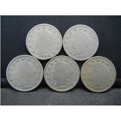 1905, 06, 07, 08, 09 Liberty Head V Nickels (5) Total