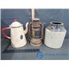 Image 1 : Vintage Enamel Tea Pot, Lantern and Clay Jug