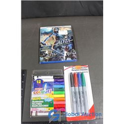 Alita Battle Angel Blu-Ray DVD, Mini Marker Washable 12 Pack and 4 Pack Fine Point Permanent Markers