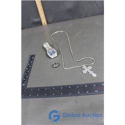 Silver Coloured Casio Men's Watch, Tungsten Silver Coloured Ring and Silver Coloured Cross & Chain