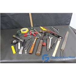 Assortment of Hammers, Files, Tapes, Saw Blade, Utility Knife/Blades, Chisel, Bottle Openers, etc.