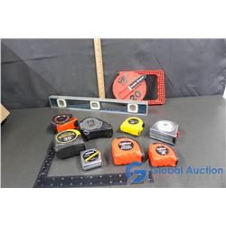 (8) Tape Measures, Small Fish Tape, 18  Aluminum Level