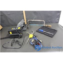 Digital Caliper, Marshall Excelsior Test Guage, Hack Saw, Yardworks Battery