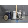 Image 1 : Glass Milk Bottle, Tin Can and (2) Metal Pitchers