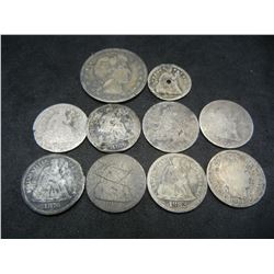 (7) Seated Dimes low grade damaged (1) Seated half Dime holed 1892 barber quarter low grade