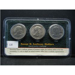 (3) Susan B Anthony Dollars CH BU Littleton 1979,80,99