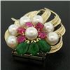 Image 3 : 14K Yellow Gold 2.36 ctw Cabochon Ruby Jade 5mm Pearl Textured Flower Brooch Pin