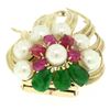 Image 4 : 14K Yellow Gold 2.36 ctw Cabochon Ruby Jade 5mm Pearl Textured Flower Brooch Pin