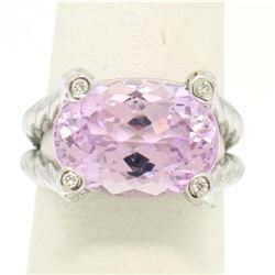 14k White Gold Twisted Cable 8.5 ctw Oval Kunzite Solitaire Ring 4 Diamond Accen