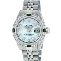 Rolex Ladies Stainless Steel Blue MOP Diamond & Emerald Datejust Wristwatch