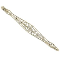 Art Deco 14k White Gold Open Filigree Bar Brooch w/ European Diamond