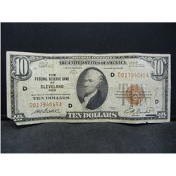 1929 Brown Seal Cleveland Ten Dollar Note, Low Serial Number