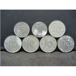 (5) 1940's German Ten Reich pfennig, (2) 1940'S German Five Reich pfennig